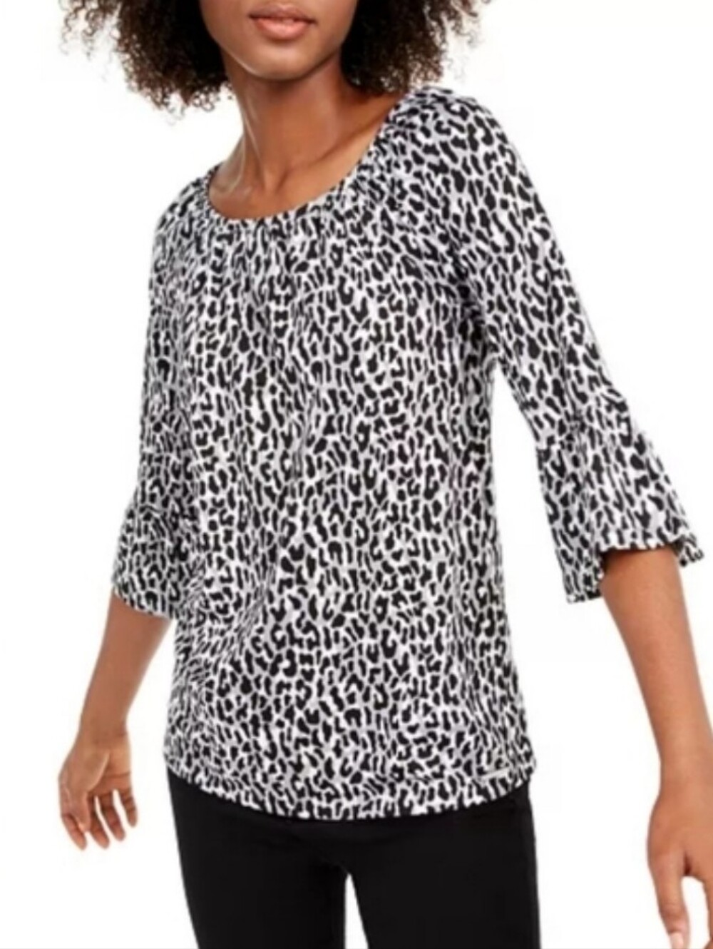 Michael Kors black and white leopard-print top  relaxed fit, gathered Scoop Neck